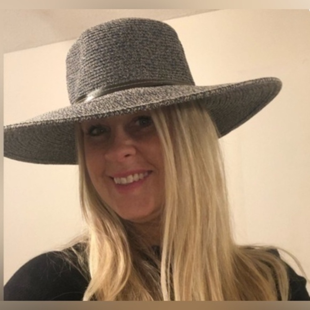 NEW Navy Blue Fedora Wide Brim Beach Hat with Brown Faux Leather Trim size small